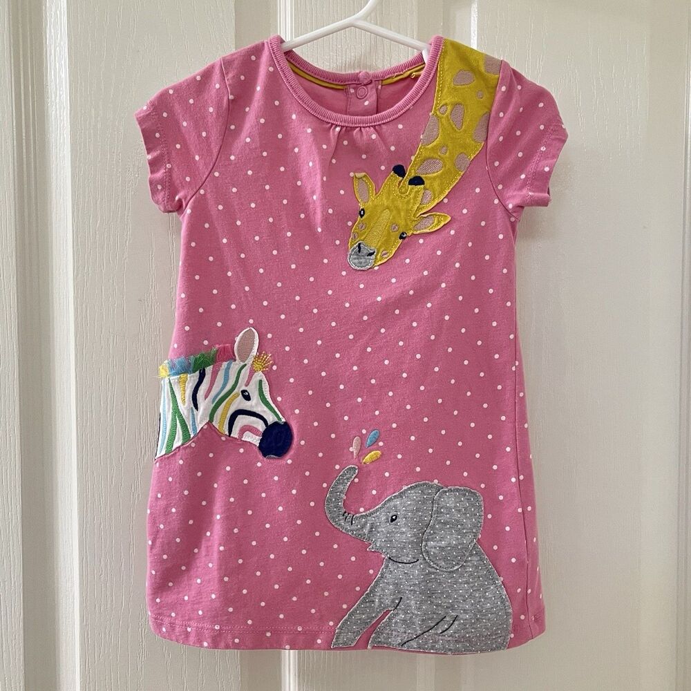 Baby Boden Pink Polka Dot Safari Animals Applique Dress Girls Size 9-12 Months